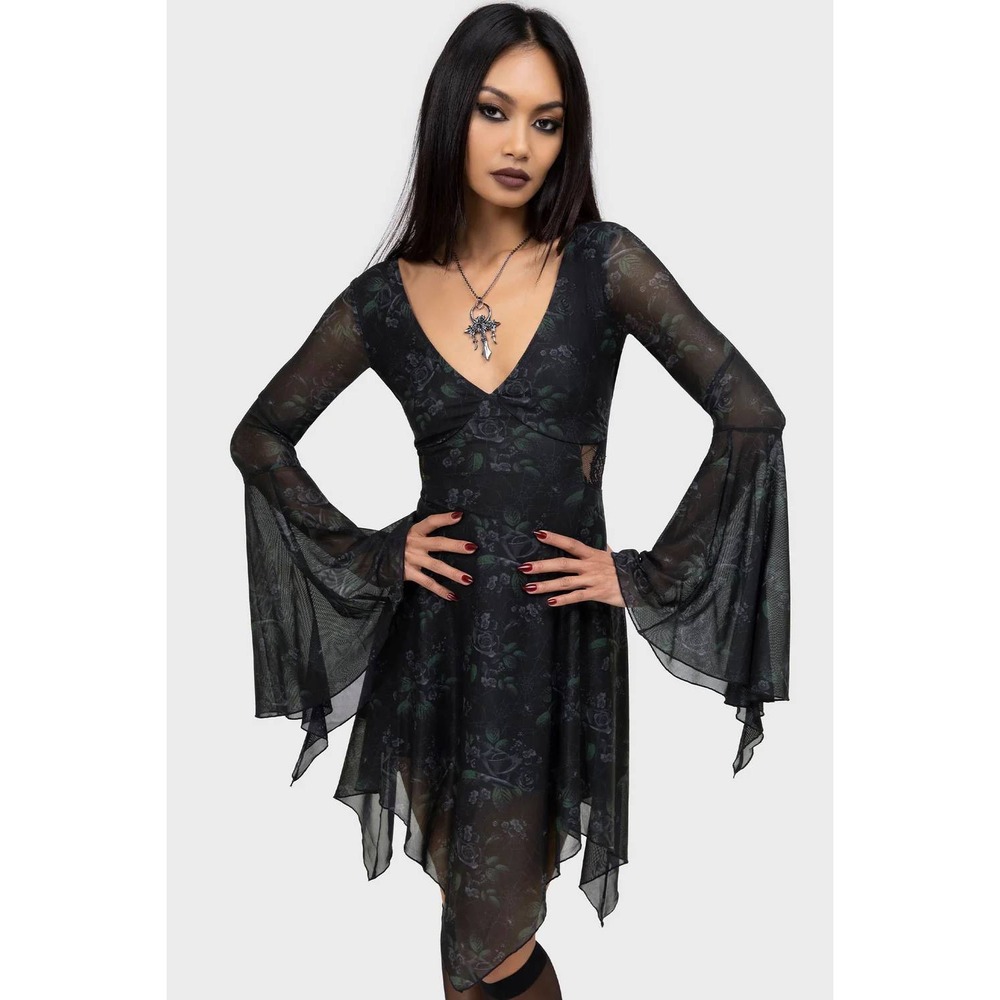Killstar Nocturnal Grove Mesh Dress Black Floral Spiderweb Bell Sleeve Large
